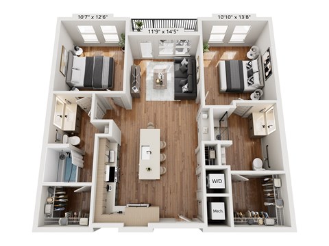 Floor plan for 2 beds, 2 baths, 1117 sqft